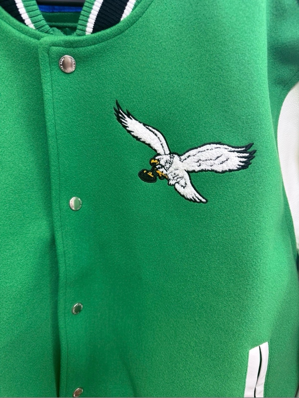 NWT NFL Philadelphia Eagles Kelly Green and Cream Varsity Jacket, Size Large - Picture 5 of 8